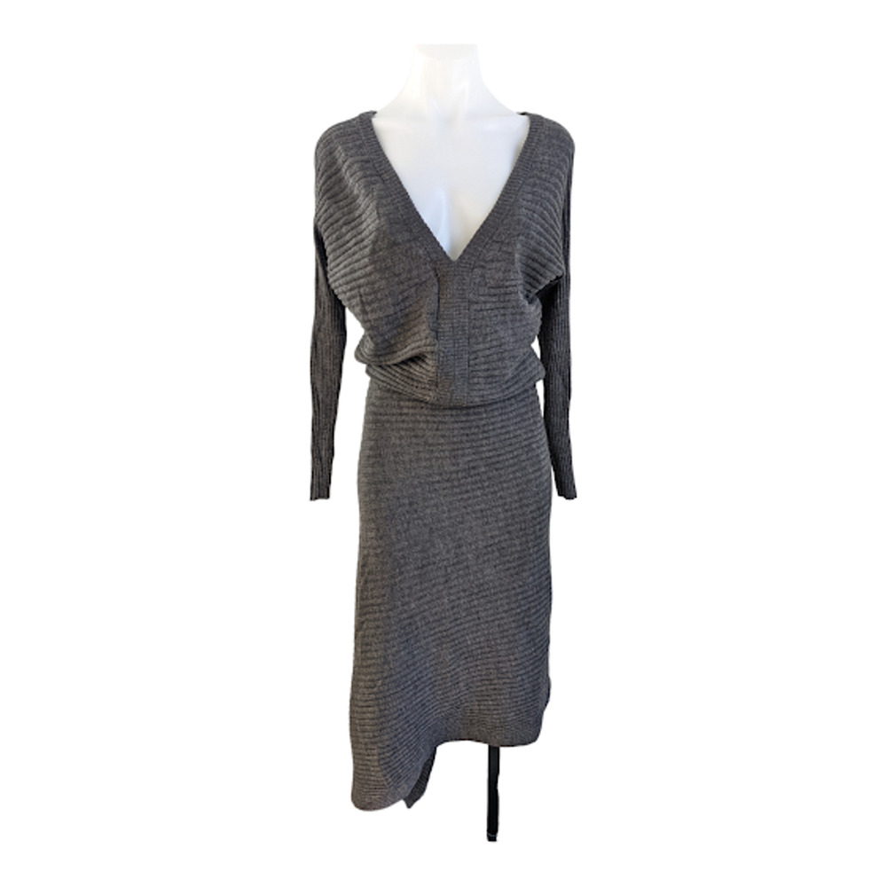 AllSaints Size Small Eva Ribbed Sweater Dress Grey Metallic V Neck Long Sleeves